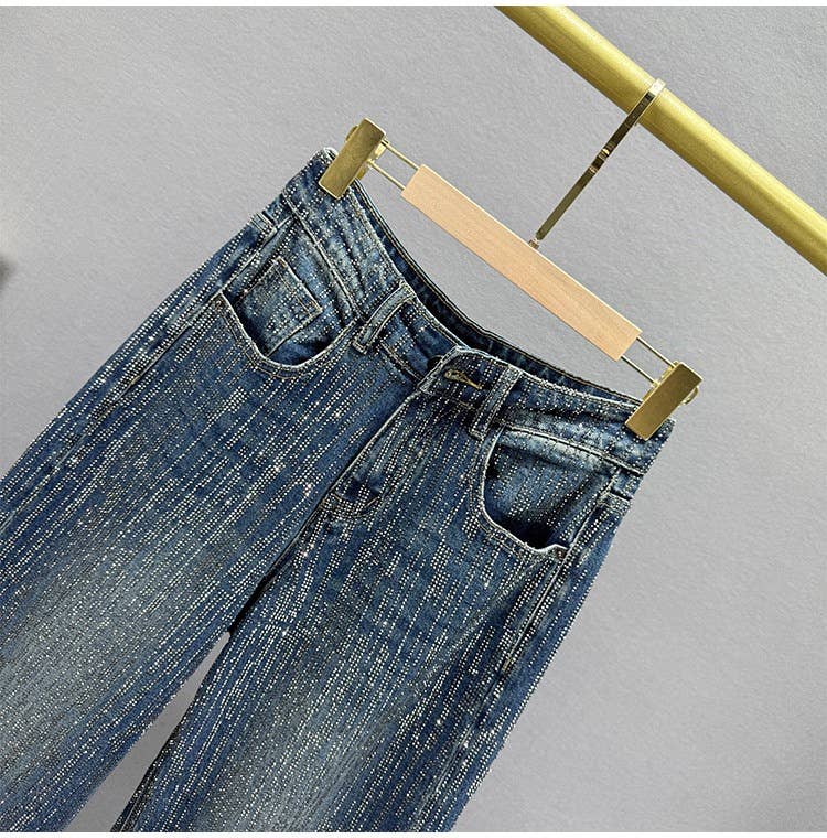 PT39Y All Over Rhinestone High Waist Wide Leg Jeans: Blue / English / XS