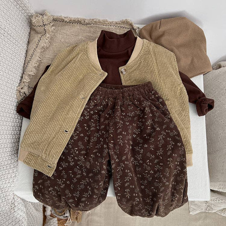 Baby Girl Ditsy Flower Pattern Corduroy Fabric Loose Thickened Pants In Winter: Coffee / 100 (2-3Y)