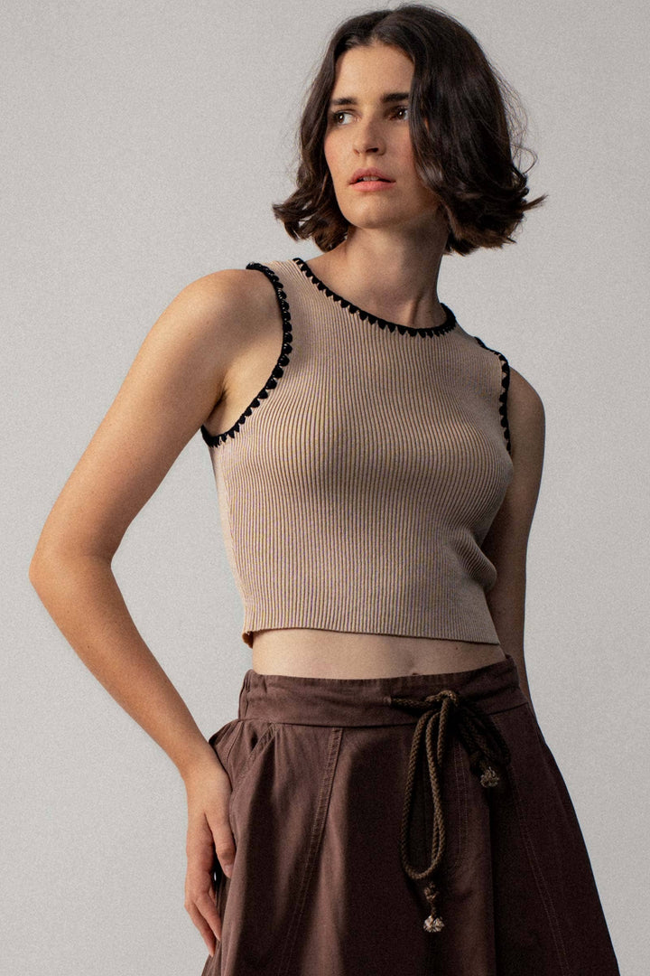 Scalloped Ribbed Knit Crop Top: KHAKI / S-2/M-2/L-2