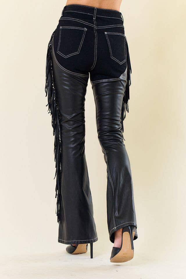 SIP6363A BLACK DENIM CHAPS FRINGED PANTS: M