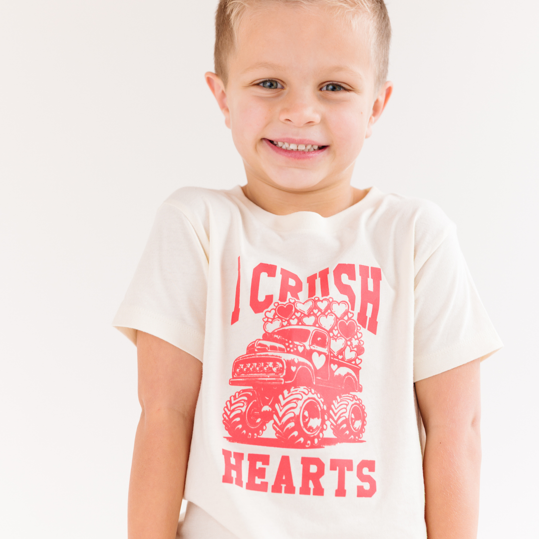 I Crush Hearts Monster Truck Valentines Day Kid Shirt    : Natural