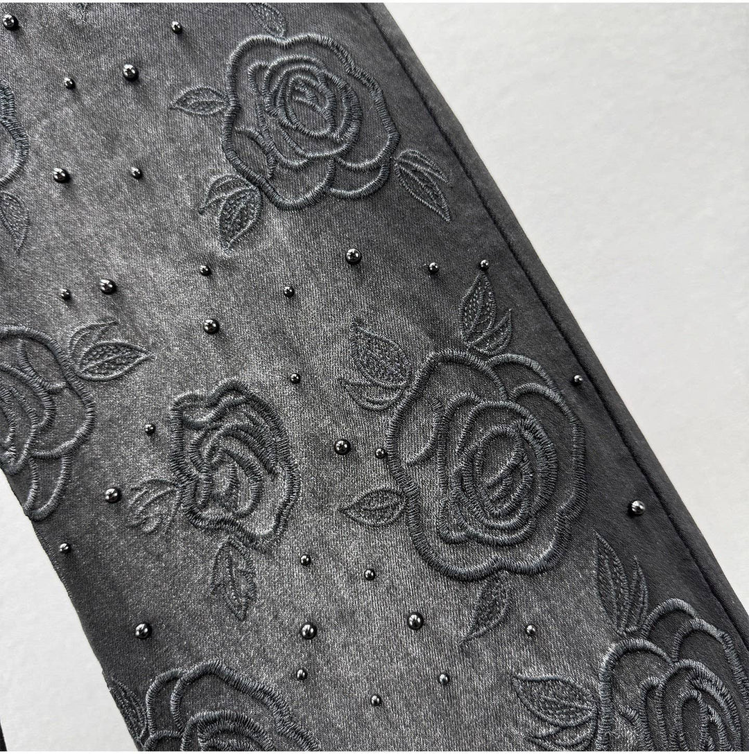 PT41Y Black High Waist Straight Leg Beaded Denim Pants: Color as pictures / English / S