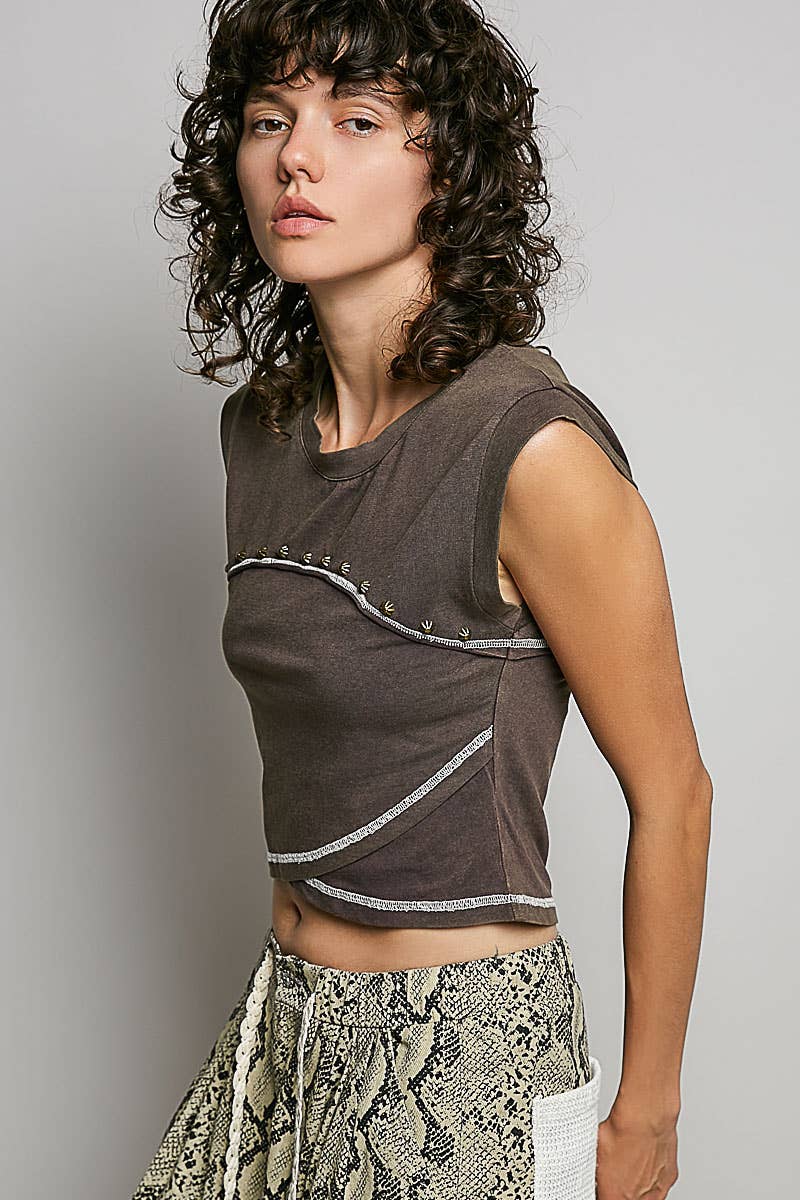 Slim Fit Round Neck Outseam Overlock Stud Cotton Jersey Top Coffee
