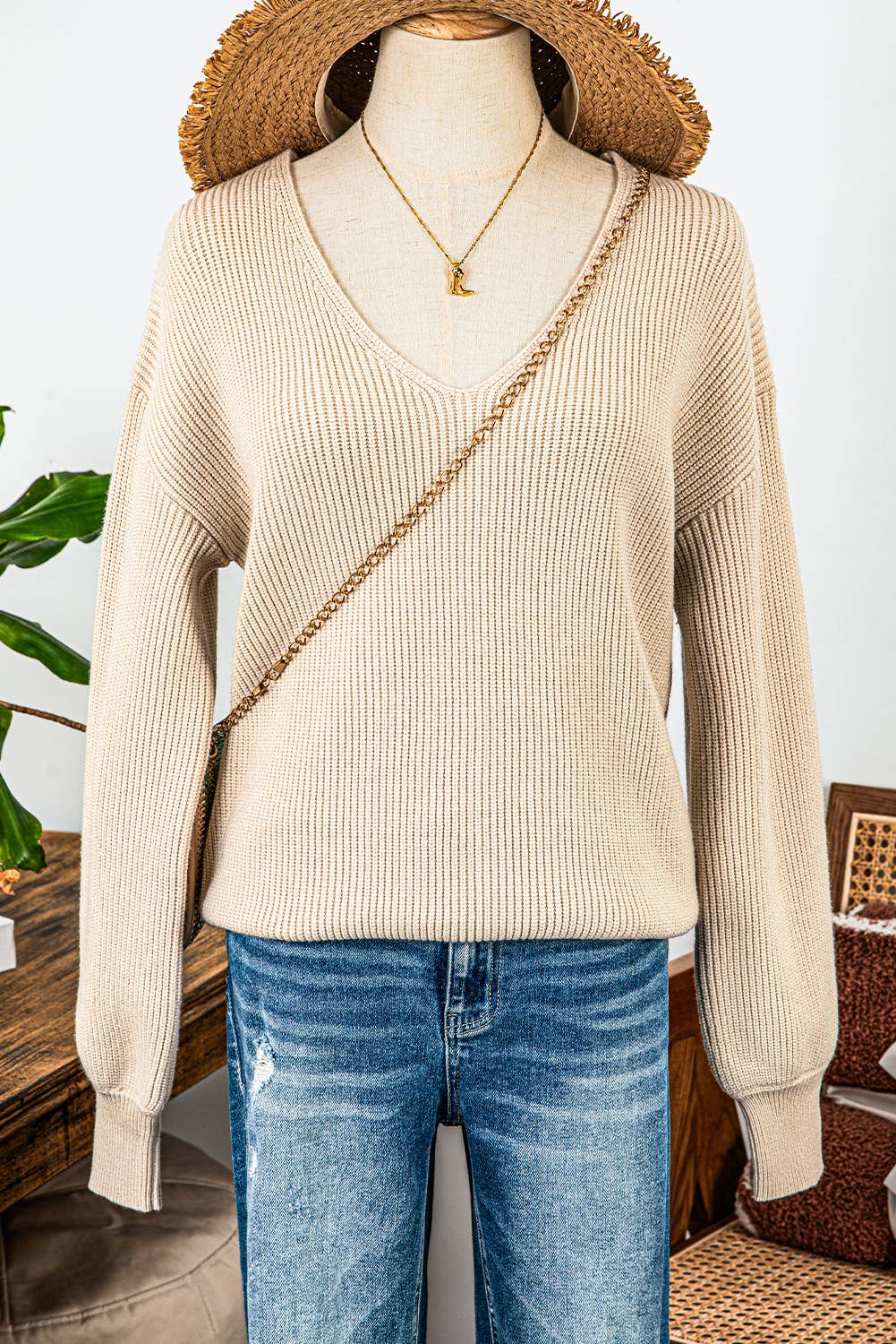 Valentine Lantern Sleeve V Neck Knot Back Sweater: Red / Missy / M