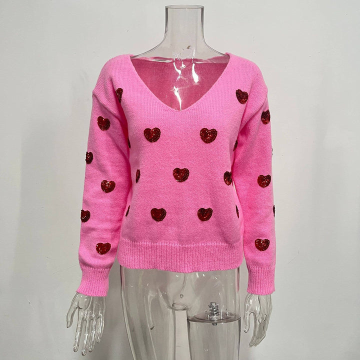 Valentines Sequin Heart Embroidered V-Neck Sweater: White / M