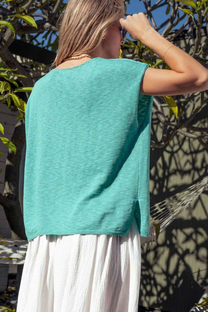 Split Neck Cap Sleeve Cotton Blend Top: Beige / S-M-L:2-2-2