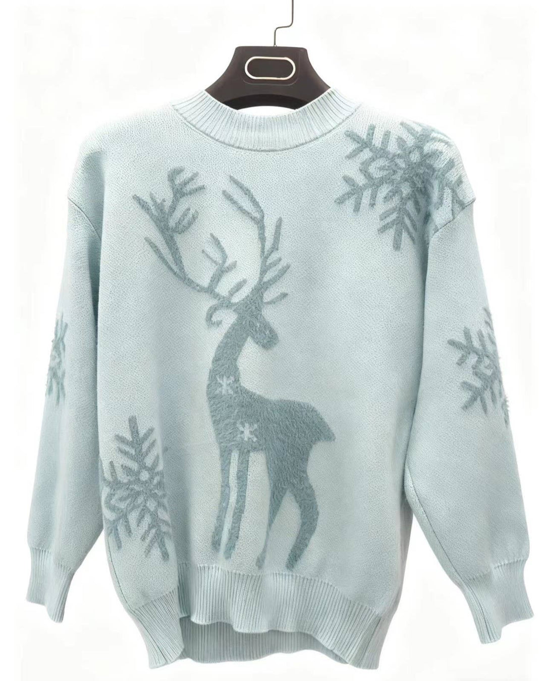 Christmas Deer Jacquard Round Neck Knit Sweater: Camel / L