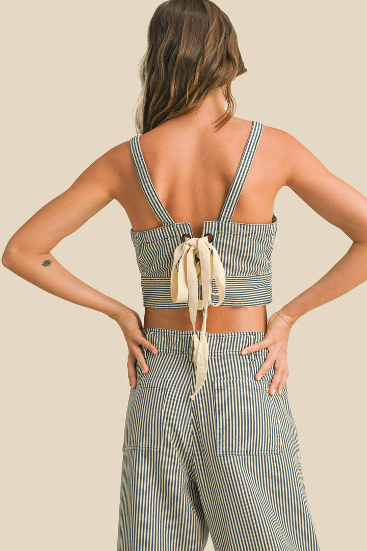 BLUE STRIPED TIED IN BACK TOP