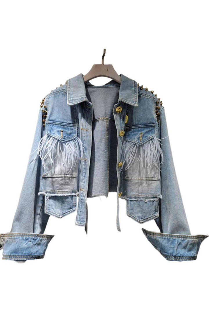 Fringe Embellished Denim Jacket: LIGHT BLUE