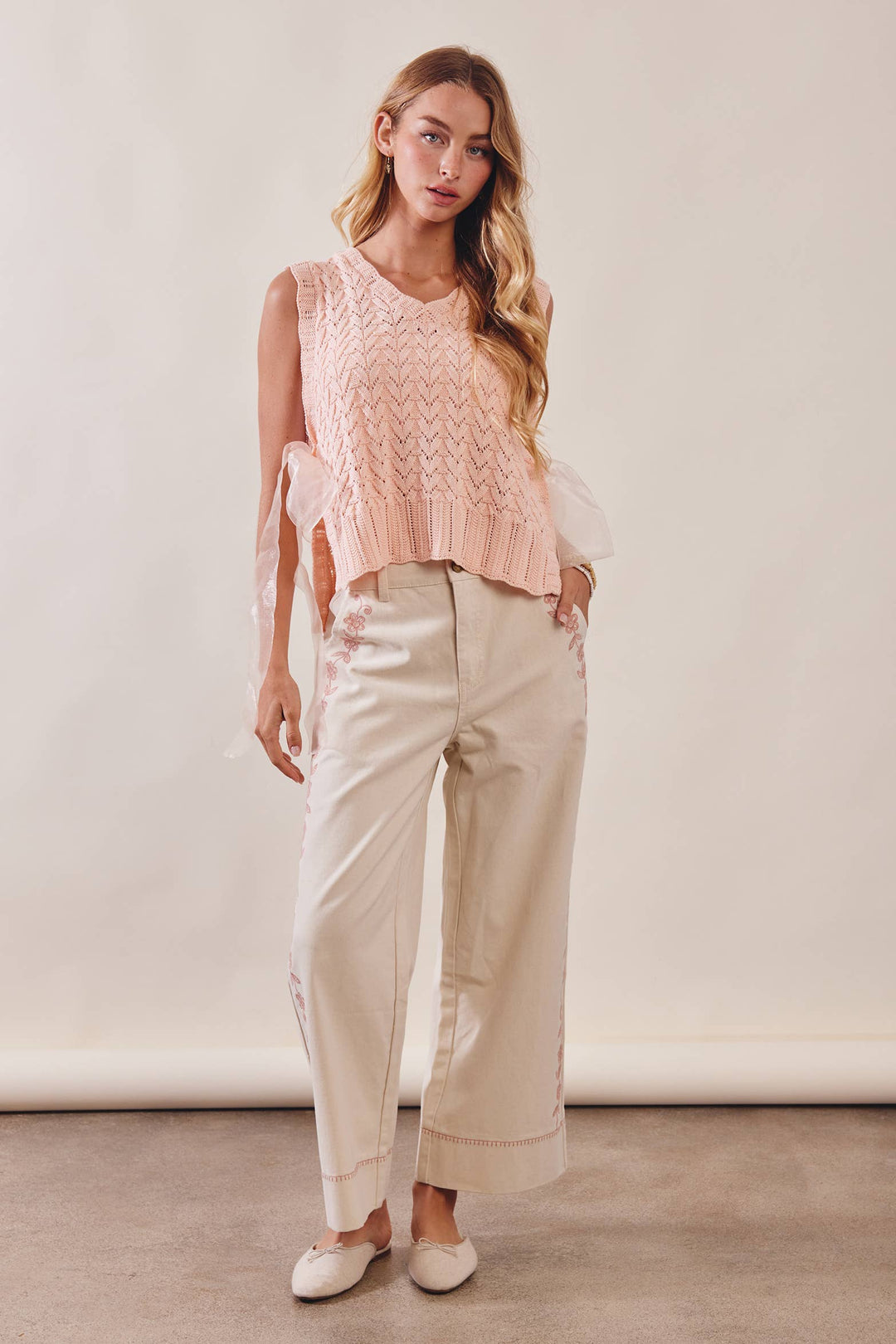 Pointelle Knit Ribbon-Tie Vest Top