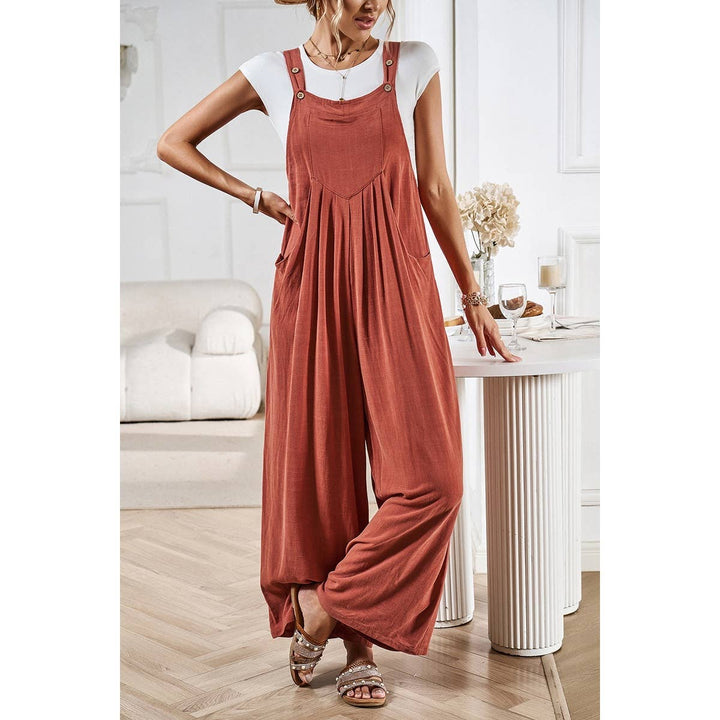 Button Detail Wide Leg Overall Pockets Jumpsuit: BEIGE / M