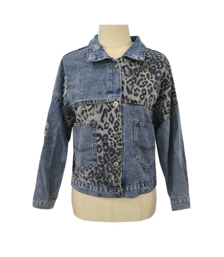 Street Leopard-Print Patchwork Denim Jacket: Blue / M