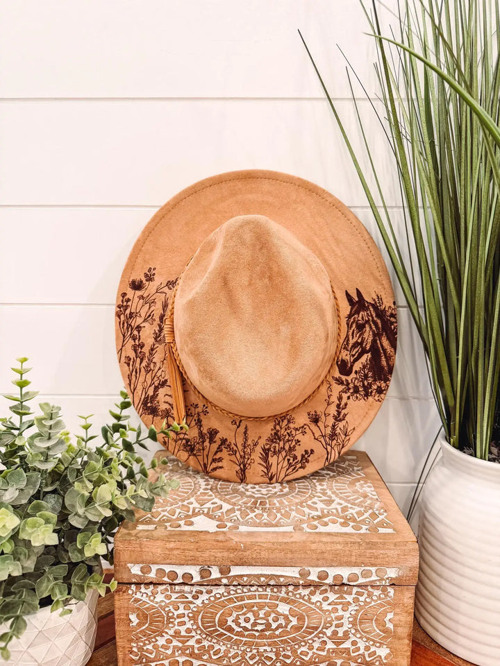 Youth Floral Burned Hat: Camel
