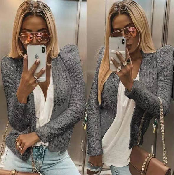 Sequin cropped cardigan jacket: Champagne / S