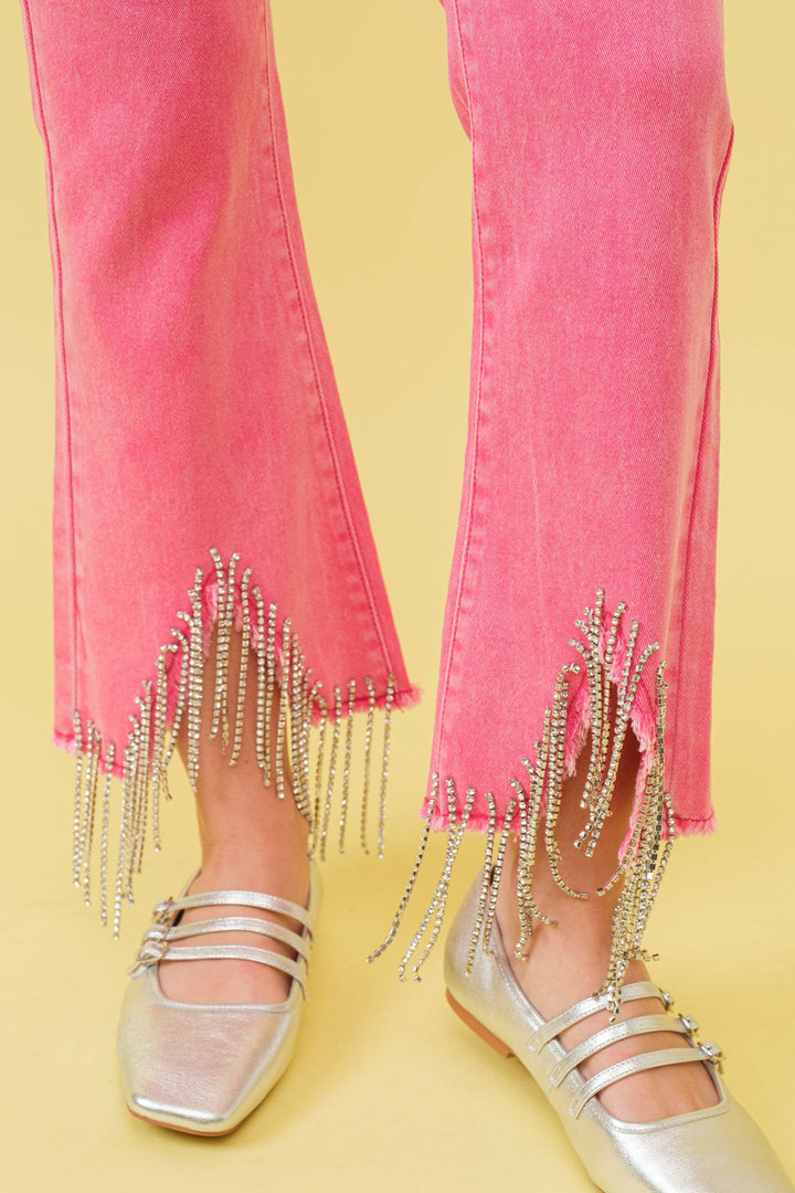 1365P - RHINESTONE FRINGE DENIM PANTS: BLACK / LARGE