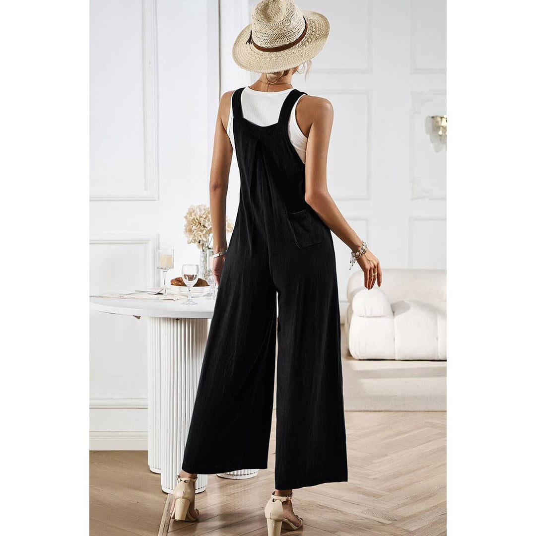 Button Detail Wide Leg Overall Pockets Jumpsuit: BEIGE / M