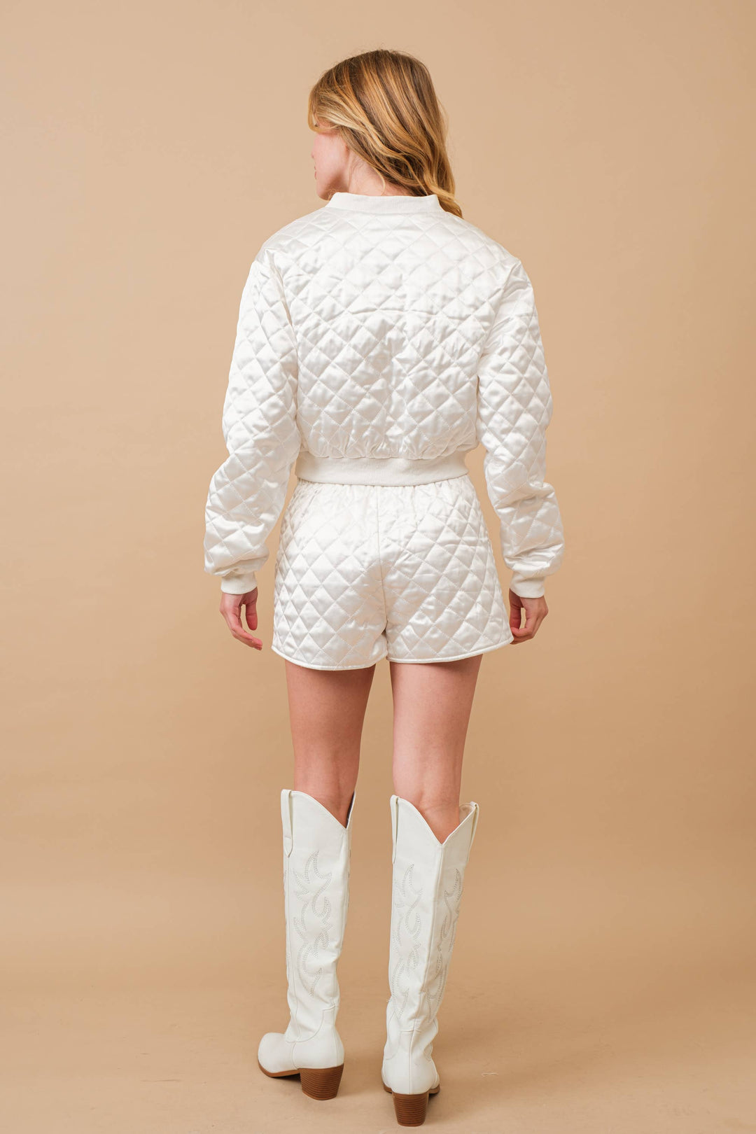 61234SET Quilted Crop Pocket Bomber Jacket w/ Matching Set: BROWN / S