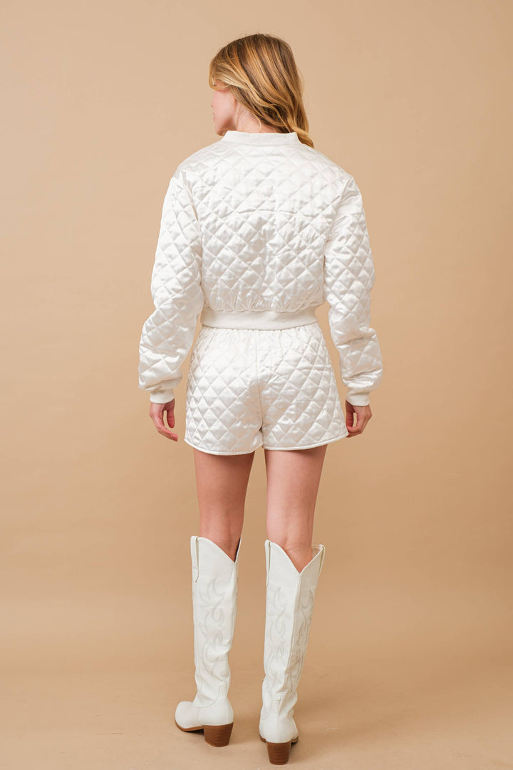 61234SET Quilted Crop Pocket Bomber Jacket w/ Matching Set: BROWN / S