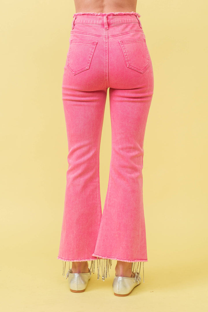 1365P - RHINESTONE FRINGE DENIM PANTS: BLACK / SMALL