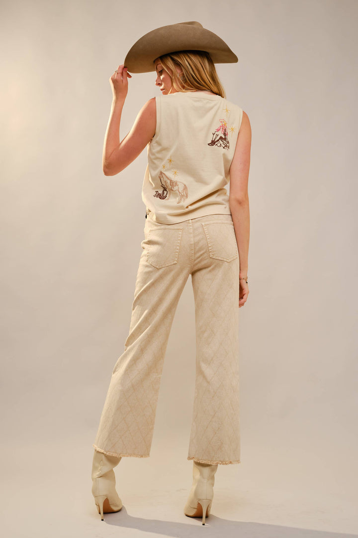 37775T Western Motif Embroidered Sleeveless Top: SAND / S-M-L (2-2-2)