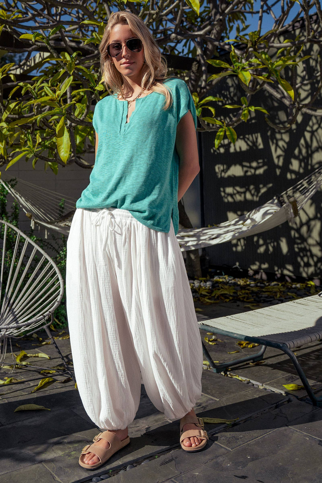 Split Neck Cap Sleeve Cotton Blend Top: Beige / S-M-L:2-2-2