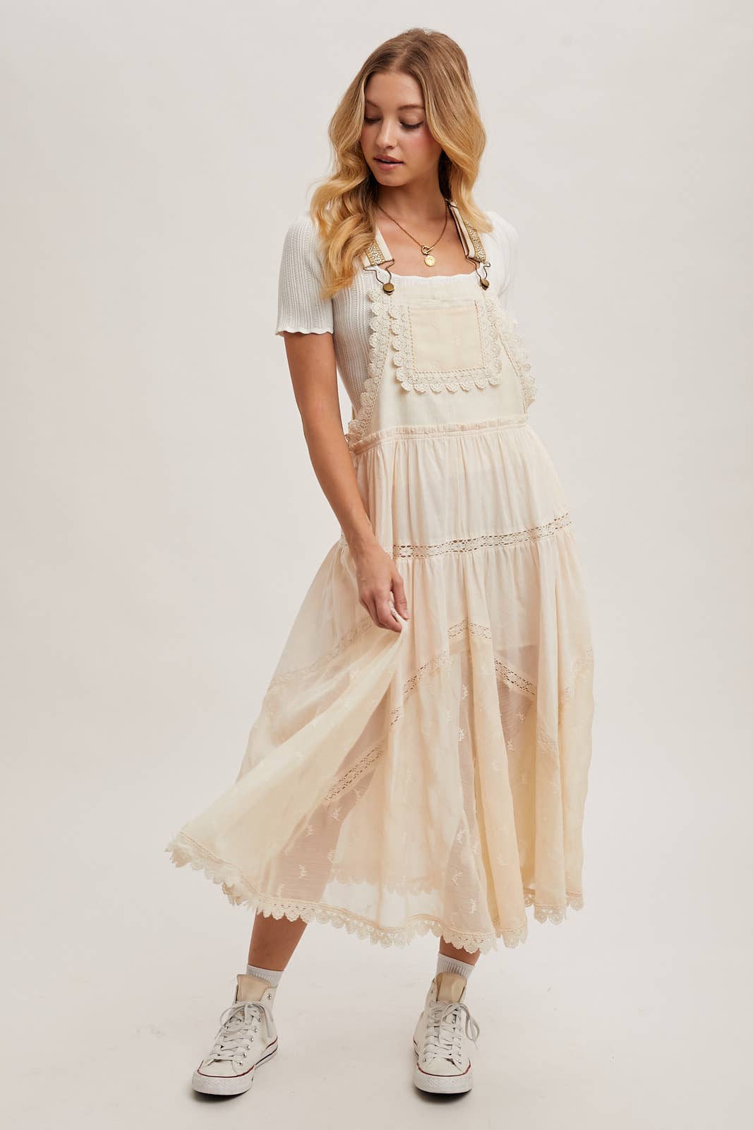 LACE EMBROIDERED TULLE BIB MAXI DRESS: ASH / S
