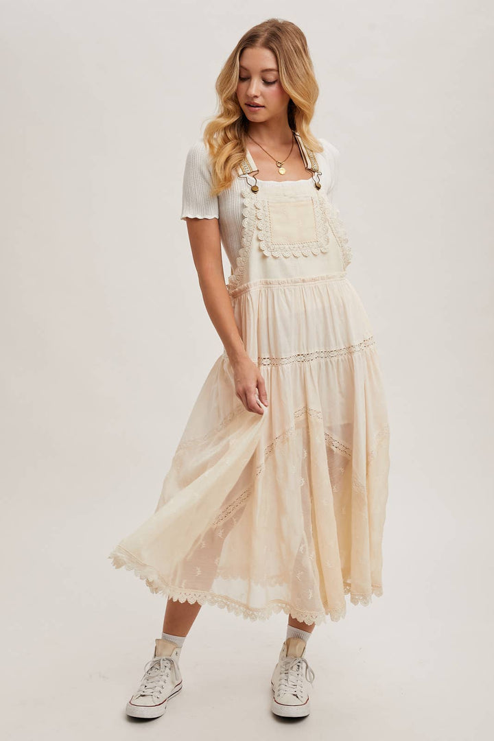 LACE EMBROIDERED TULLE BIB MAXI DRESS: ASH / S