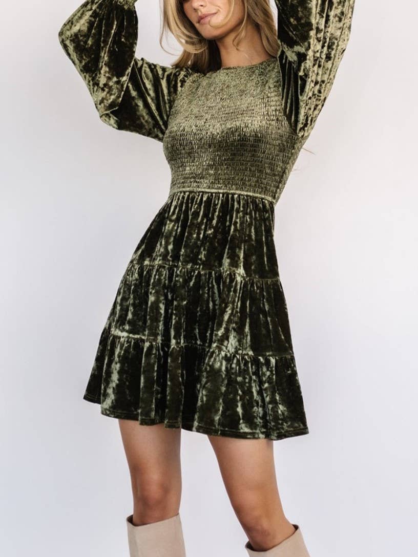 Velvet Ruffled Crewneck Dress: Brown / S