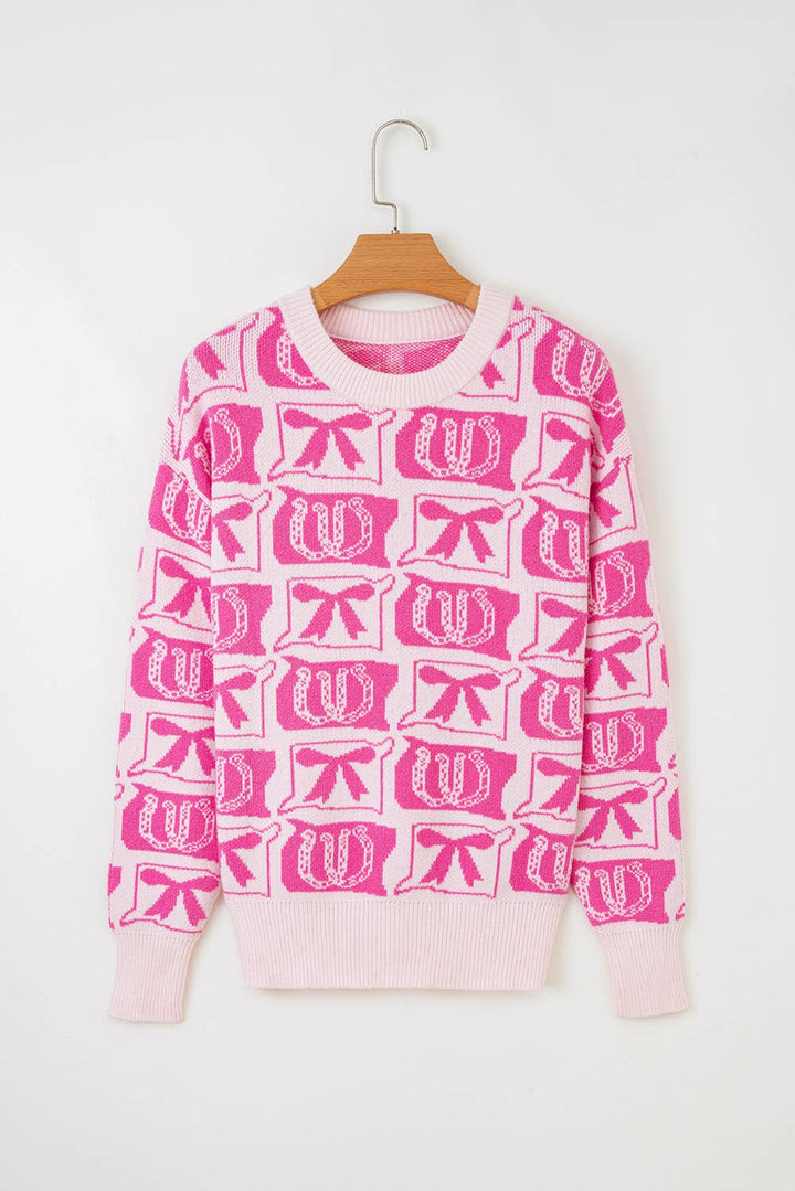 Bows Horseshoes Pattern Western Fashion Print Sweater (S-4X): Black / S