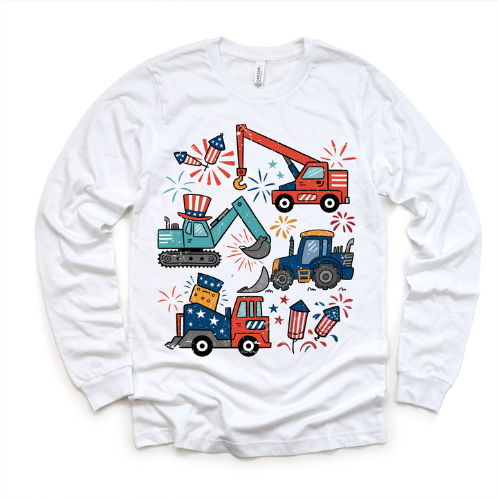 All American Construction Trucks Kids Shirt | 4th of July Boy Tee | Excavator Tractor Fireworks Shirt | Patriotic Toddler Tee: Natural Short Sleeve Tee