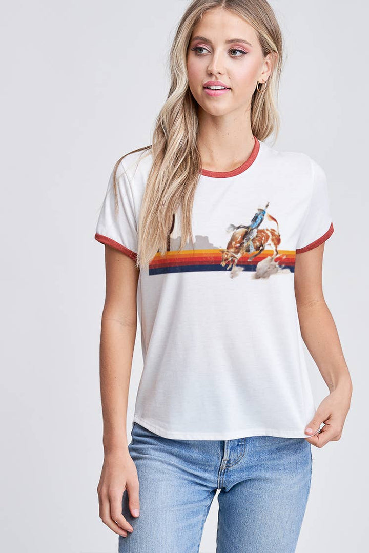 T701G9019 - Casual Stripe Rodeo Ringer Women's Tee: Ivory/Rust / M