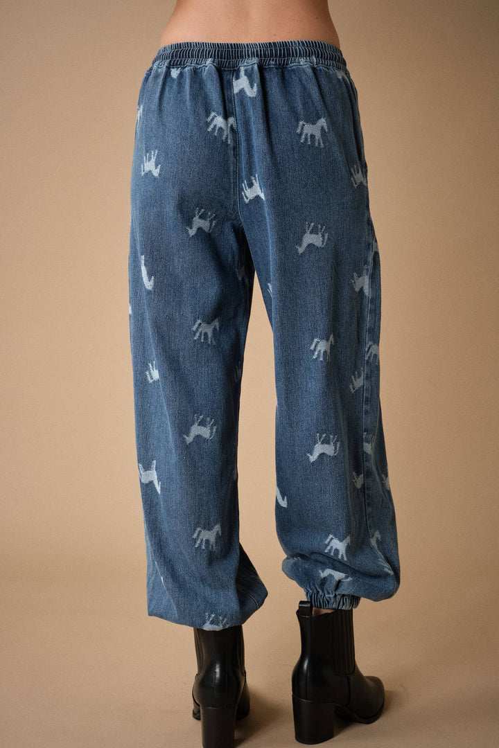 Horse Print Denim Jogger Pants