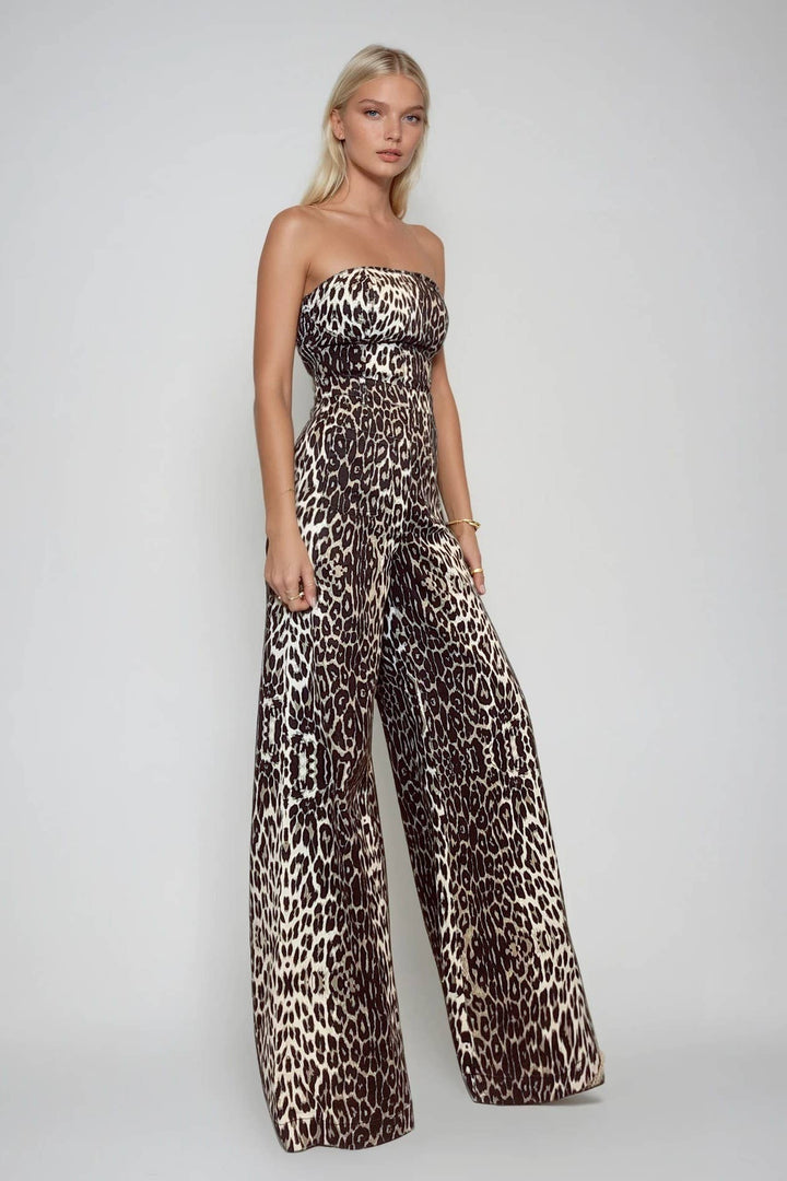WIDE LEG LEOPARD PRINT TUBE DENIM JUMPSUIT