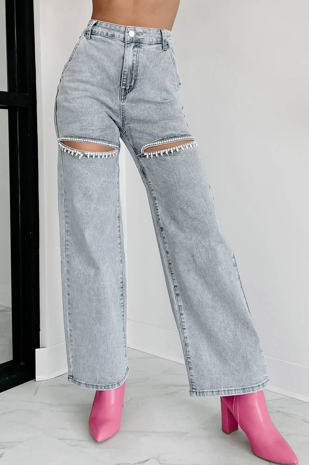 Rhinestone cutout wide leg jeans: Light blue / L