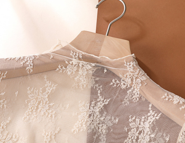 Floral Lace Sheer Mesh Layering see through Top: Beige / M