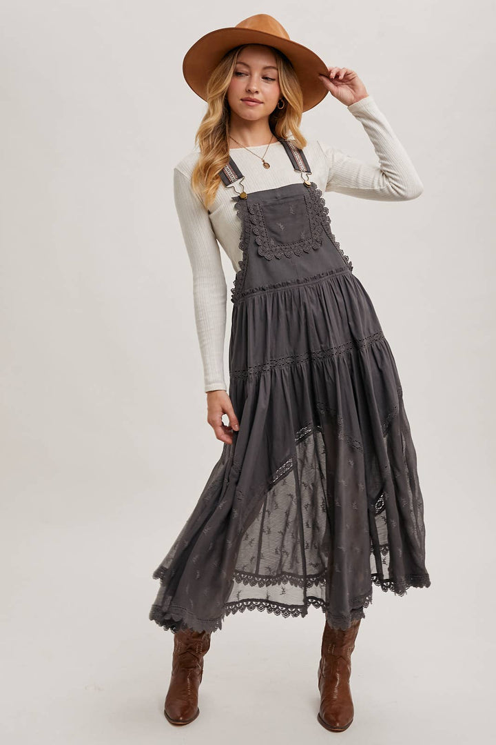 LACE EMBROIDERED TULLE BIB MAXI DRESS: ASH / S