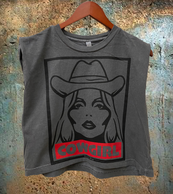 Cowgirl 90's Boxy midriff pinned sleeve muscle top tee