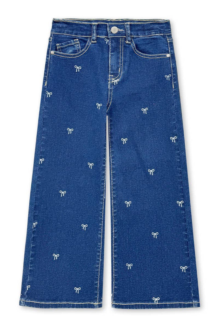 GDP-M26-89469A Girl's Wide Leg Bow Print Denim Jean: Medium Denim