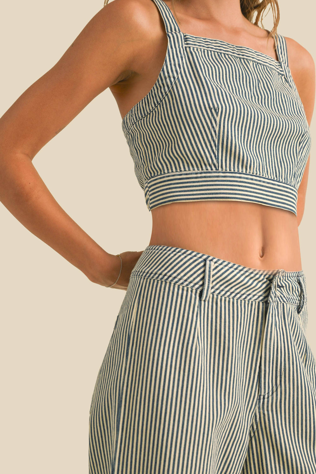 BLUE STRIPED TIED IN BACK TOP