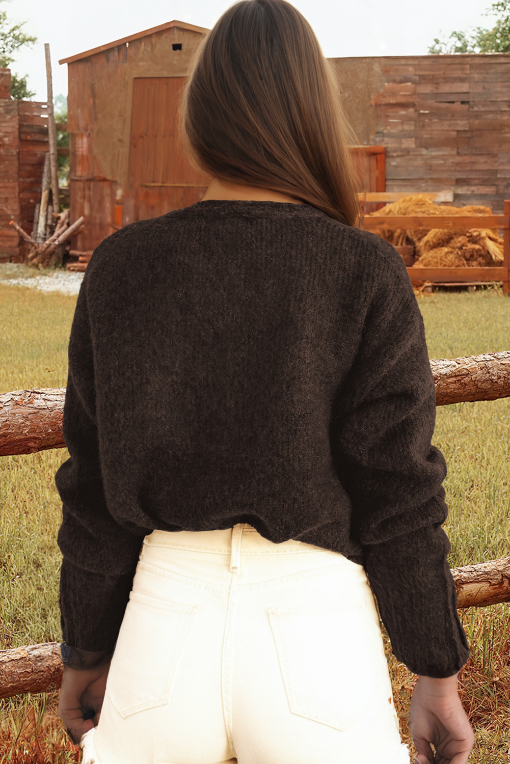 Valentine Heart Metal Button V Neck Cardigan Sweater: Chicory Coffee
