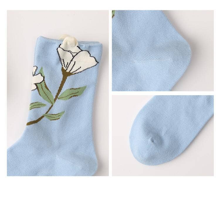 Three-dimensional flower socks with branches and leaves: White