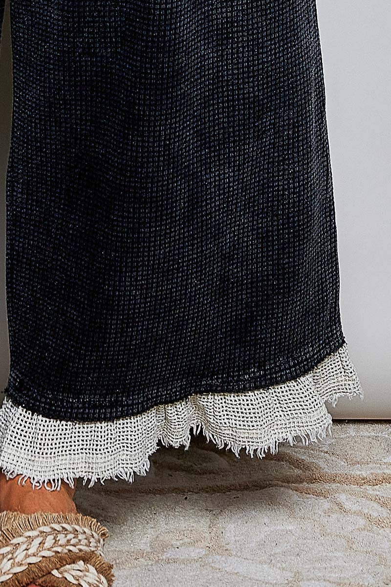 Thermal Cotton Lace Rib Placket Metal Snap Wide Leg Overall