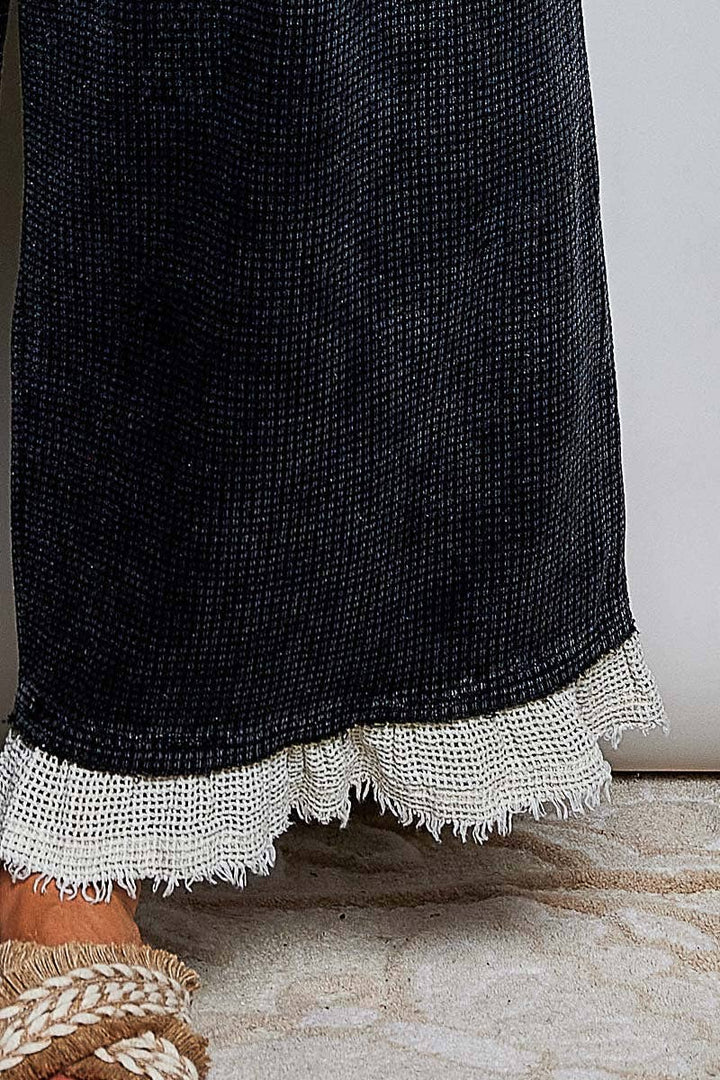 Thermal Cotton Lace Rib Placket Metal Snap Wide Leg Overall