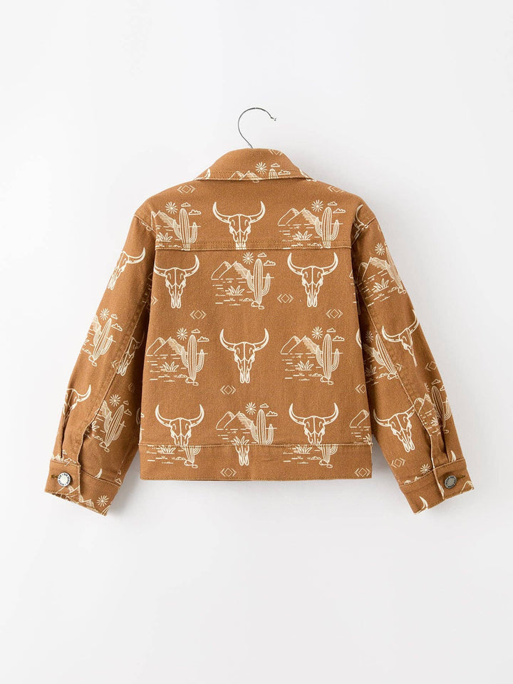 Girls Western Desert Print Brown Denim Jacket With Pockets