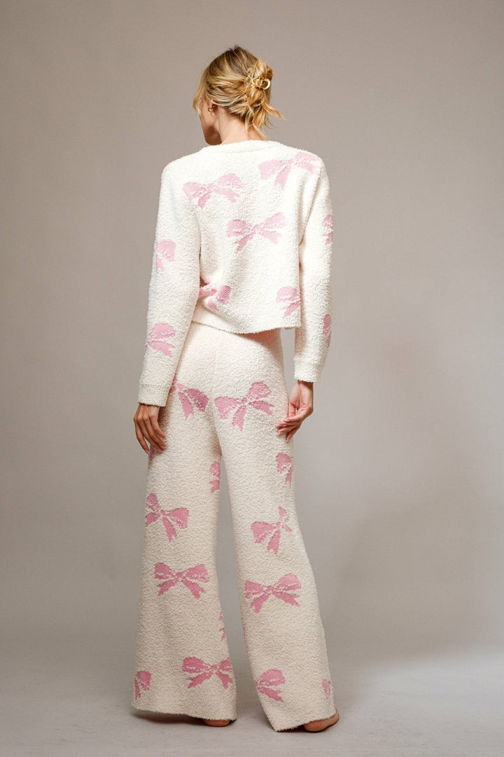 36350SET - Bow Print Cozy Sweater Set: Taupe / M