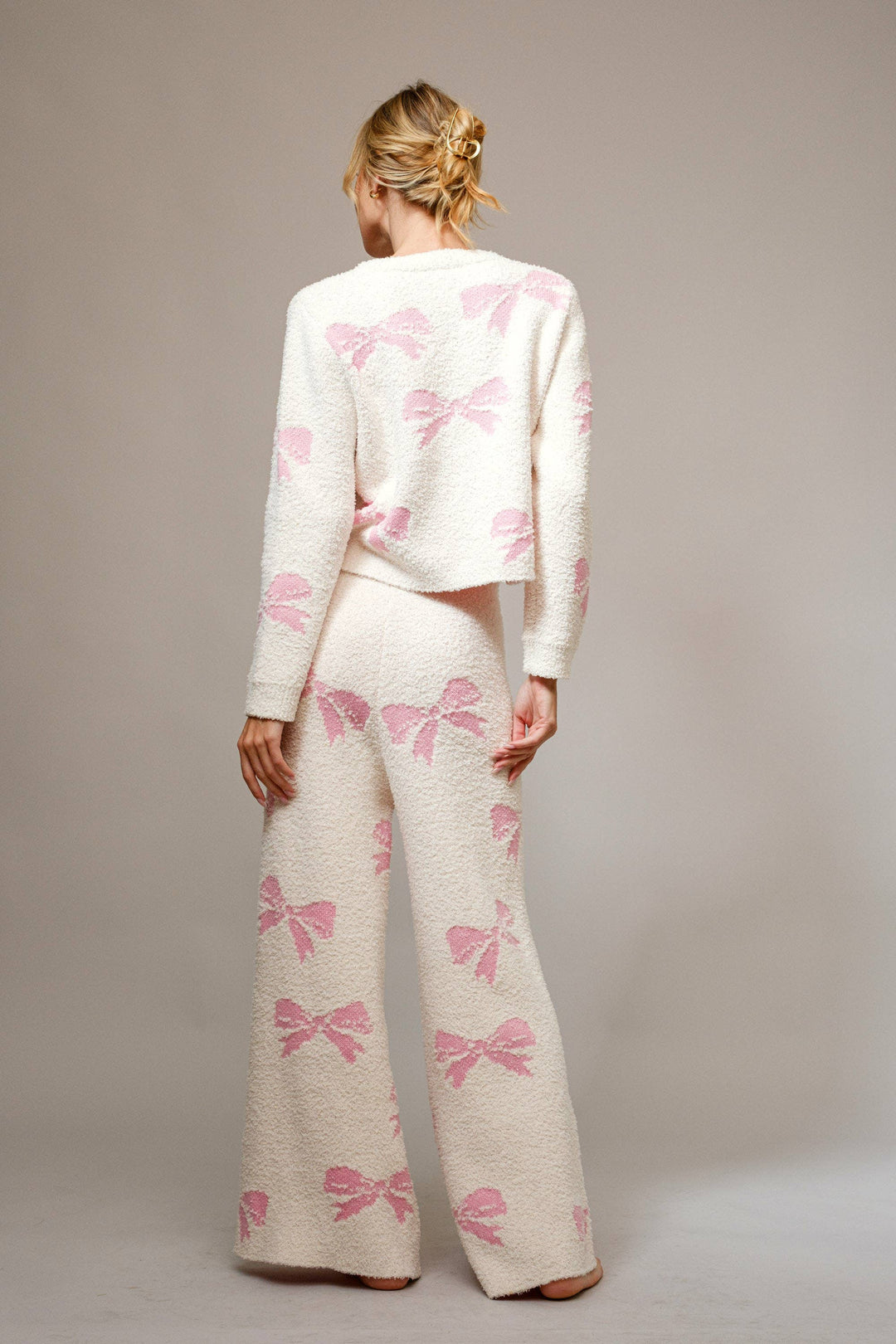 36350SET - Bow Print Cozy Sweater Set: Taupe / L