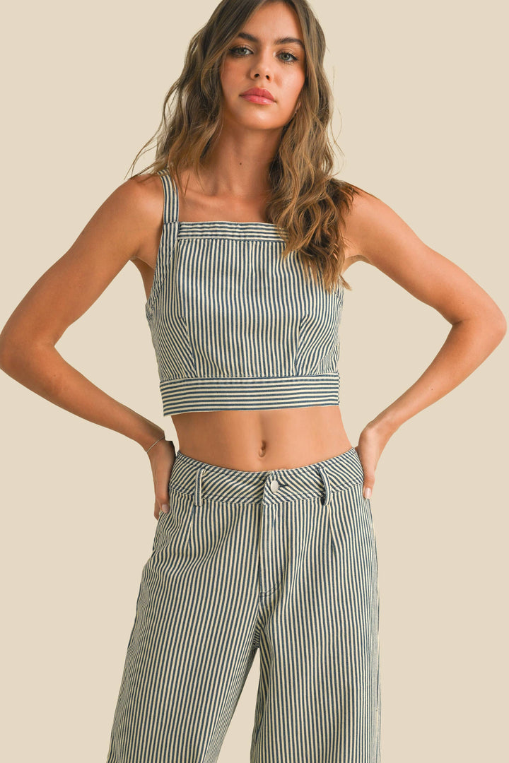 BLUE STRIPED TIED IN BACK TOP