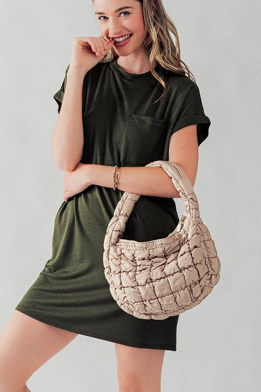 Puff Quilted Texture Shoulder Tote Bag: BROWN