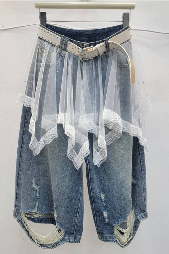 Layered Lace Skirt Denim Shorts: BLUE/WHITE