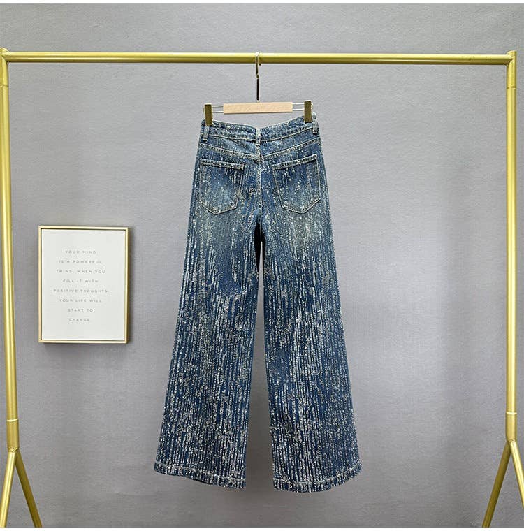 PT39Y All Over Rhinestone High Waist Wide Leg Jeans: Blue / English / M